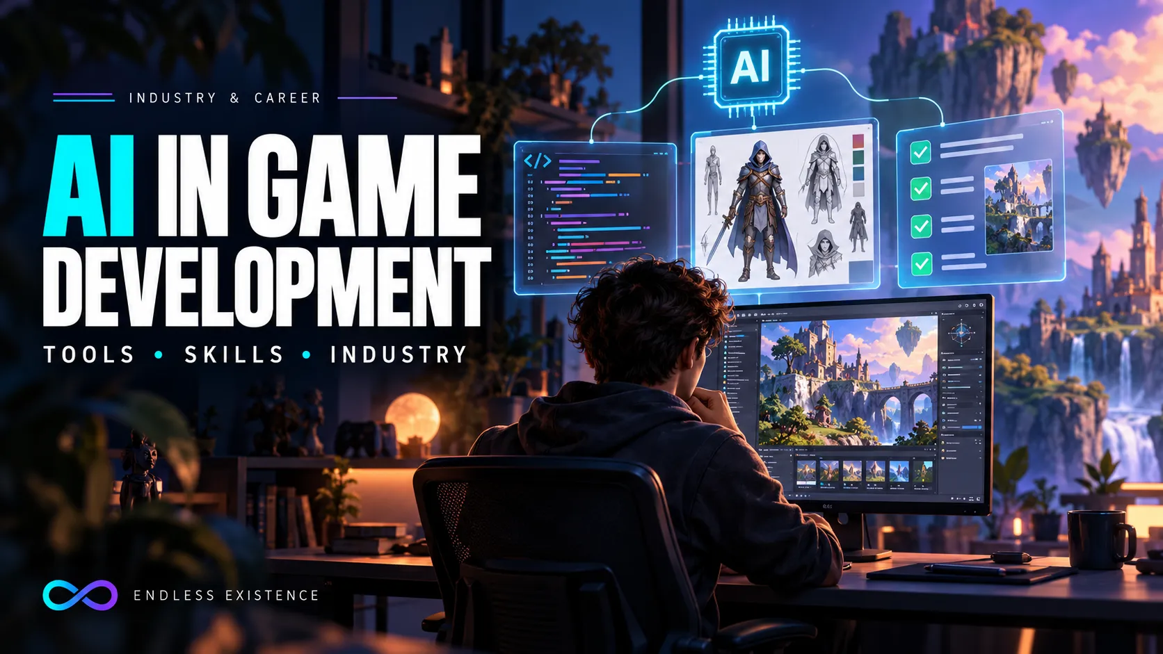Game developer reviewing AI-assisted code, character artwork, and testing panels