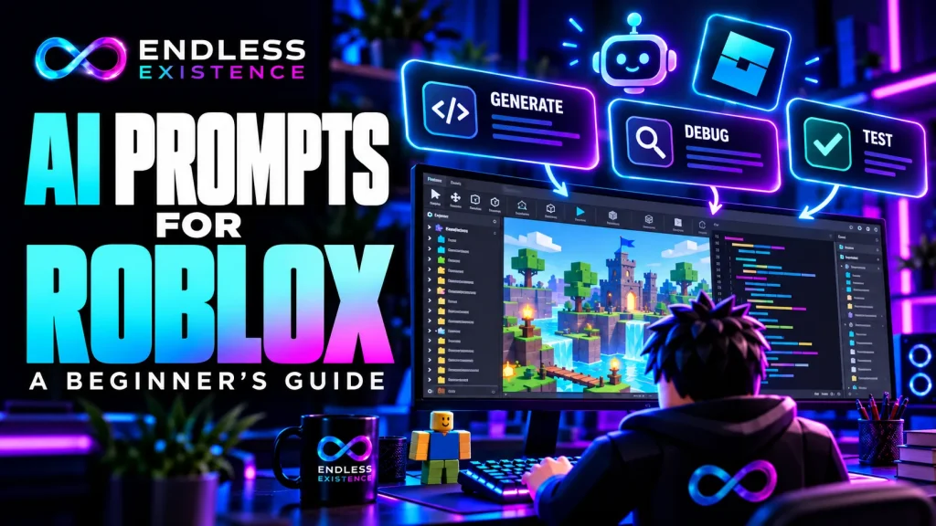 AI prompts for Roblox game development illustrated with Generate, Debug, and Test cards above a Roblox development workspace