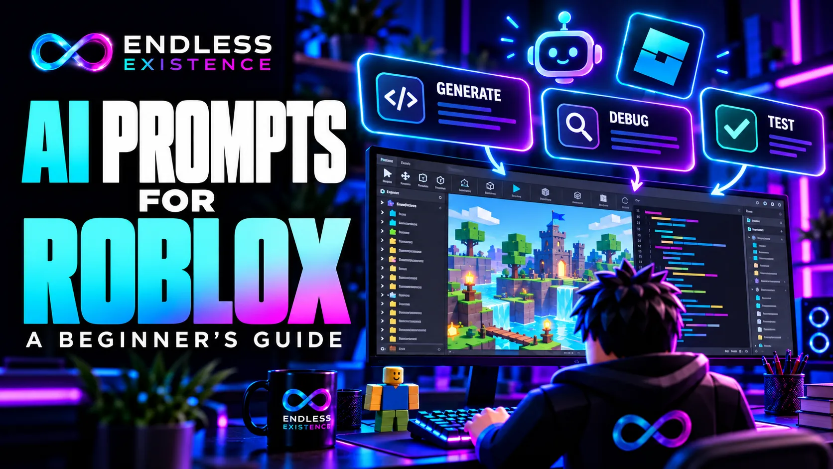 AI prompts for Roblox game development illustrated with Generate, Debug, and Test cards above a Roblox development workspace