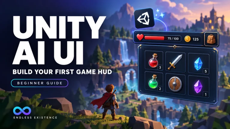 Unity AI UI tutorial thumbnail featuring a health bar, coin counter, and inventory panel