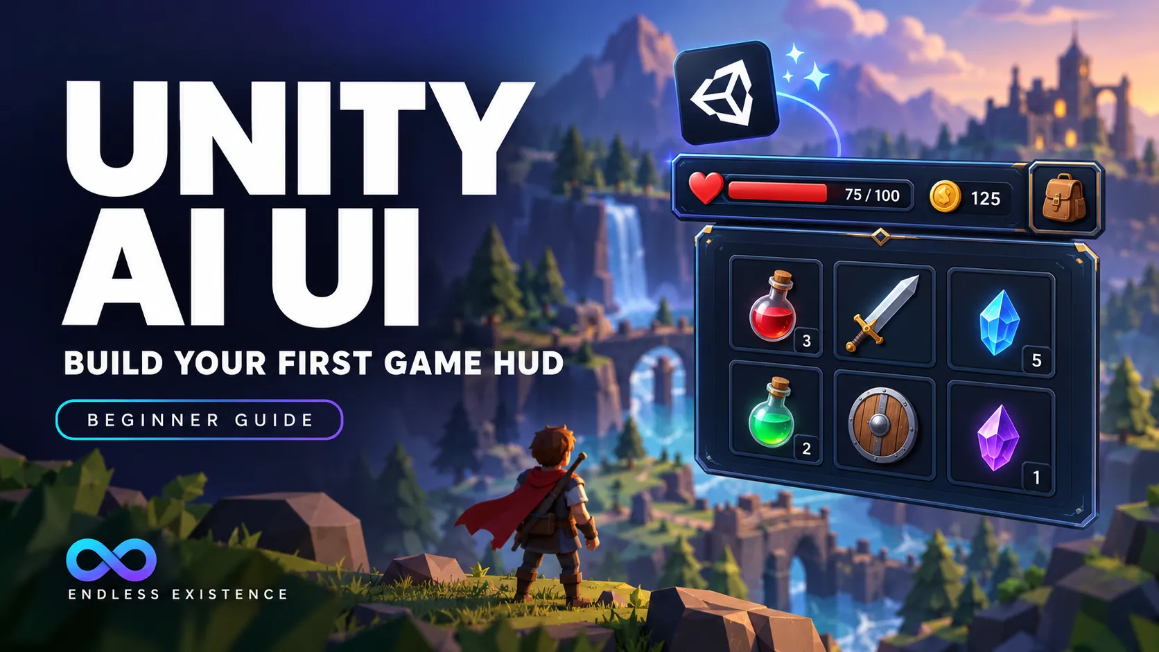 Unity AI UI tutorial thumbnail featuring a health bar, coin counter, and inventory panel