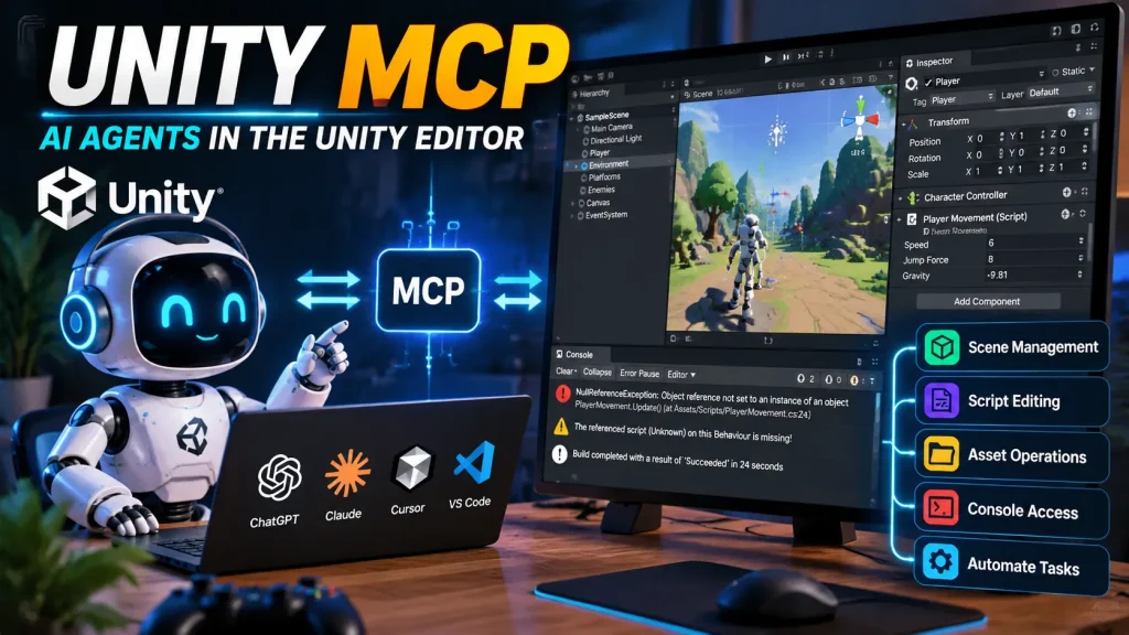 Unity MCP connecting AI agents to the Unity Editor for scene management, script editing, and automation