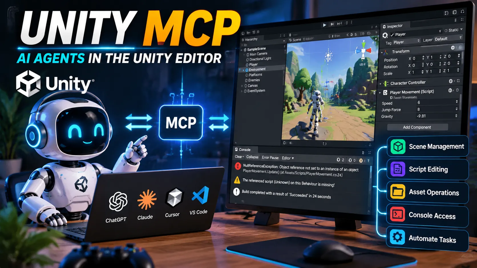 Unity MCP connecting AI agents to the Unity Editor for scene management, script editing, and automation