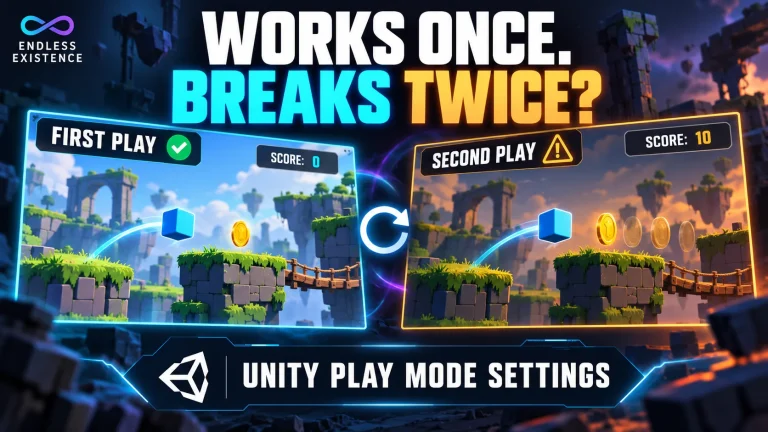 Unity Play Mode thumbnail comparing first and second playtests with different scores and a warning symbol