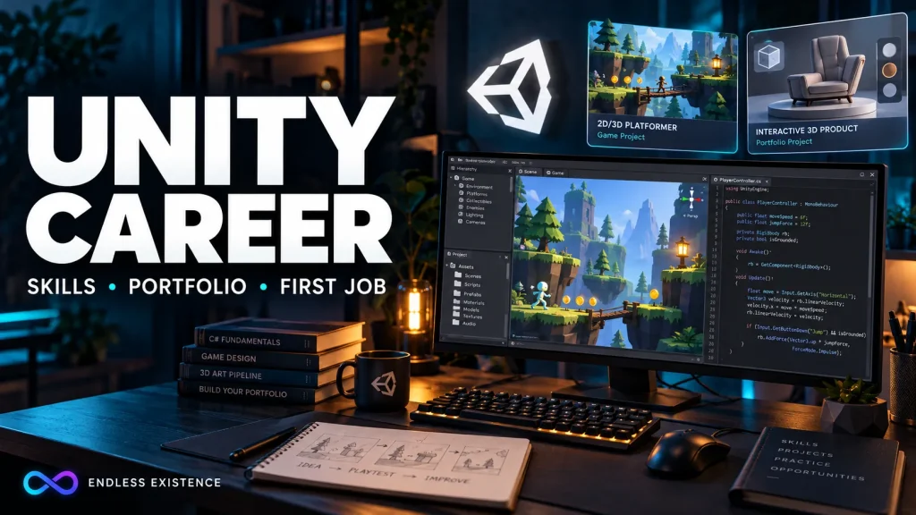 Unity developer workspace showing a game project, code editor, and portfolio examples
