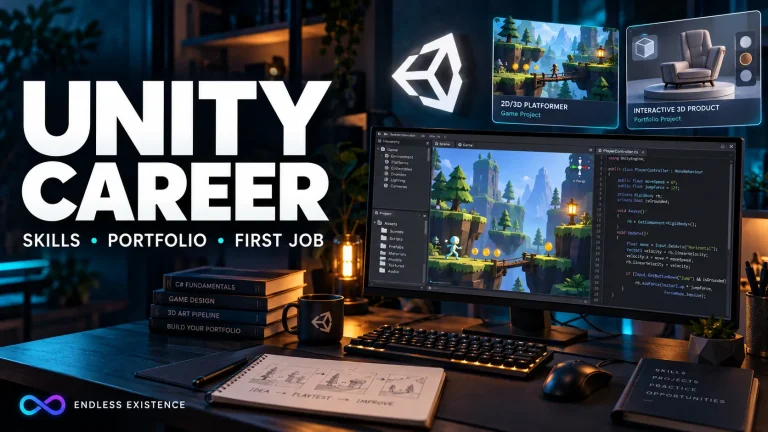 Unity developer workspace showing a game project, code editor, and portfolio examples