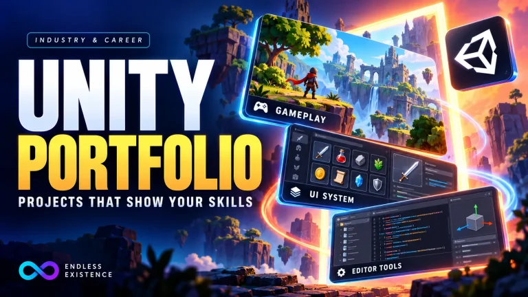Unity portfolio thumbnail showcasing gameplay, an inventory UI system, and Editor tools