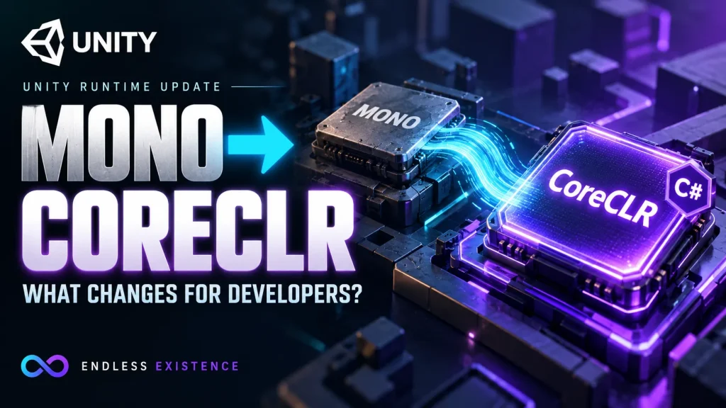 Unity Mono to CoreCLR transition illustrated with connected runtime chips